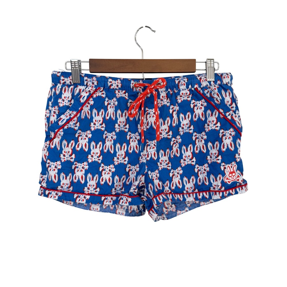 Psycho Bunny Pajama Shorts Size M Blue Red Skull Bunny Print Cotton Lounge